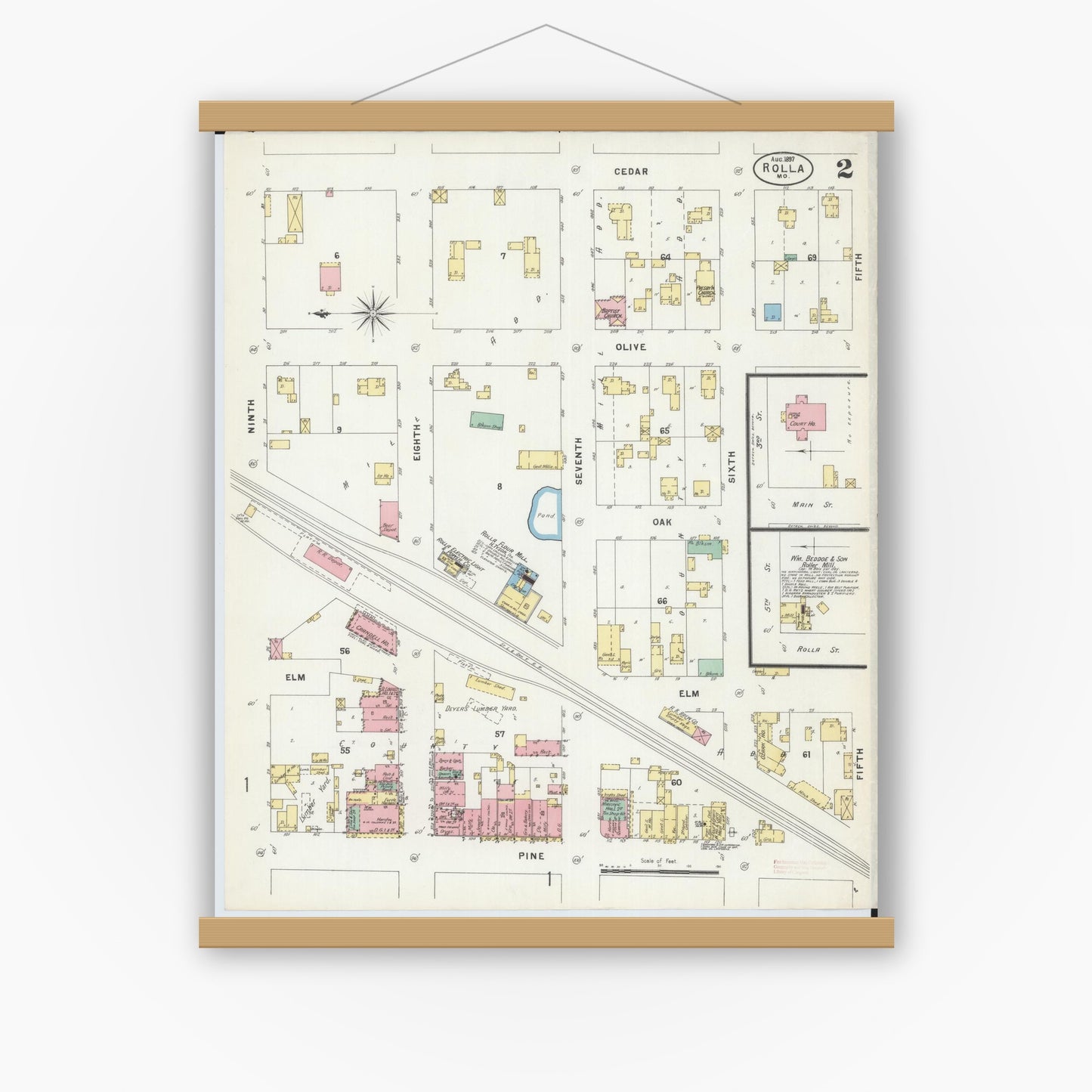 Old map wall art mockup — magnetic wood frame on white wall — Sanborn Fire Insurance Map from Rolla, Phelps County, Missouri (1897), Sheet #0002