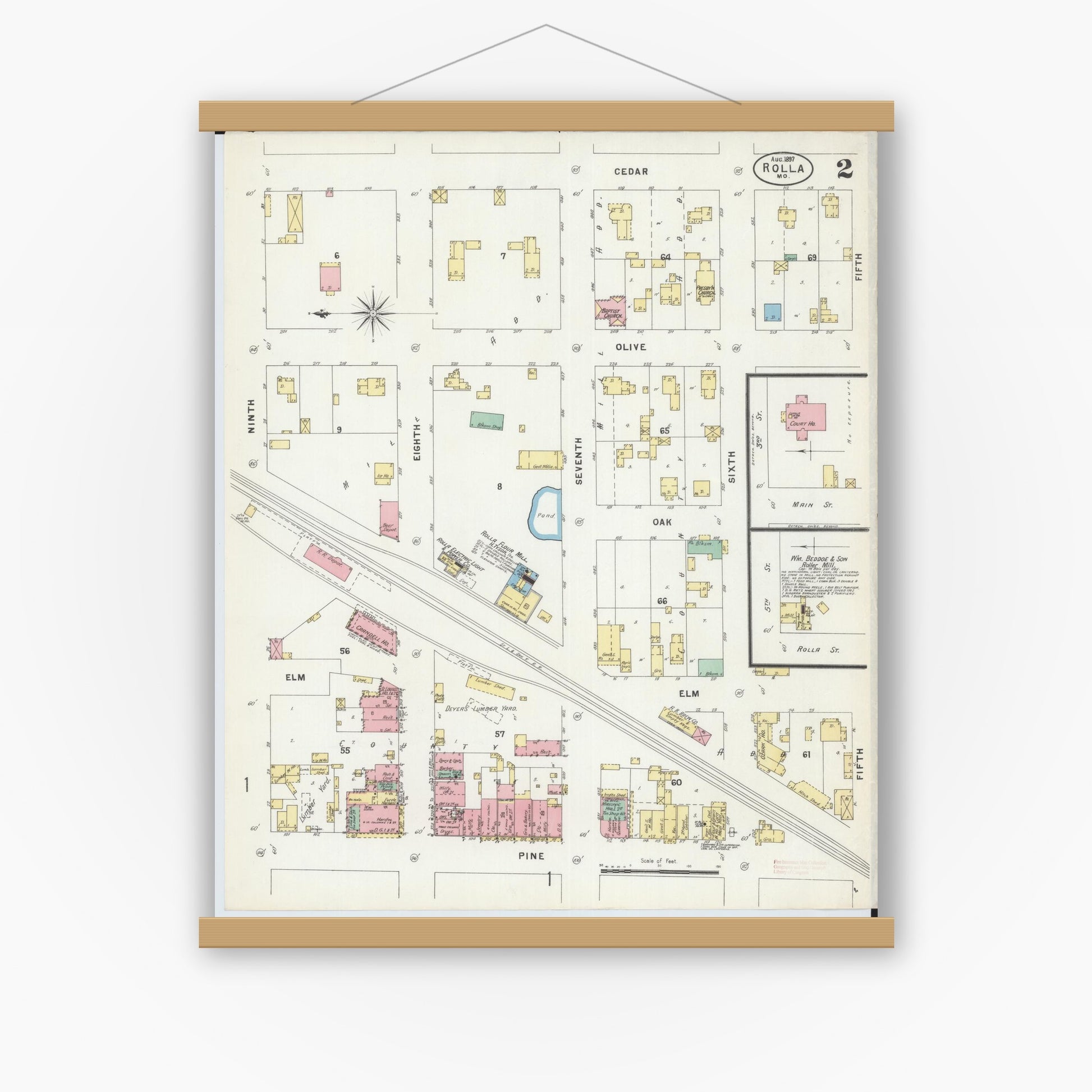 Old map wall art mockup — magnetic wood frame on white wall — Sanborn Fire Insurance Map from Rolla, Phelps County, Missouri (1897), Sheet #0002