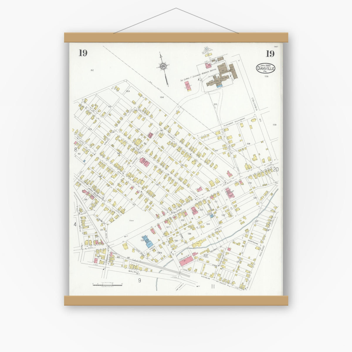 Old map wall art mockup — magnetic wood frame on white wall — Sanborn Fire Insurance Map from Danville, Montour County, Pennsylvania (1930), Sheet #0019