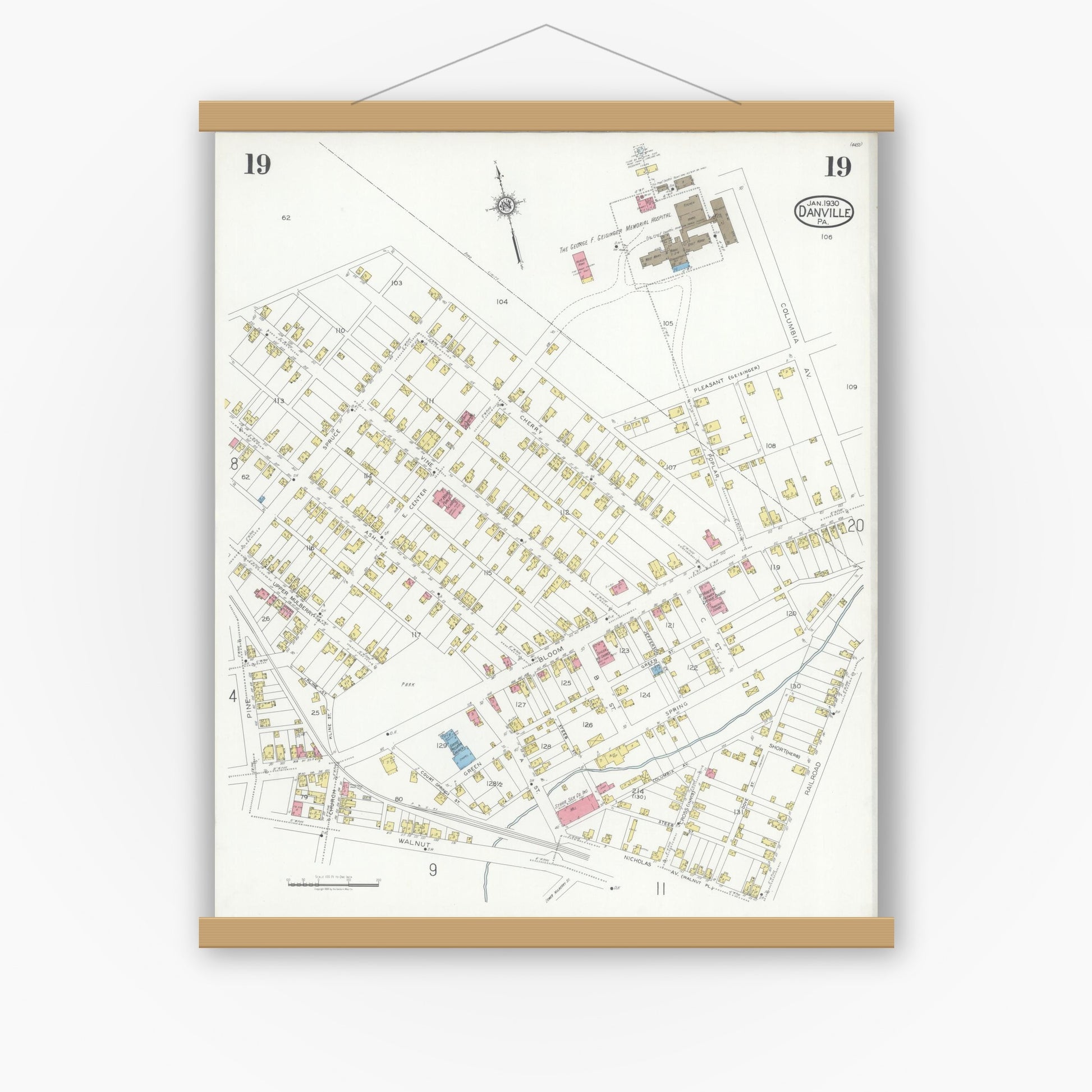 Old map wall art mockup — magnetic wood frame on white wall — Sanborn Fire Insurance Map from Danville, Montour County, Pennsylvania (1930), Sheet #0019