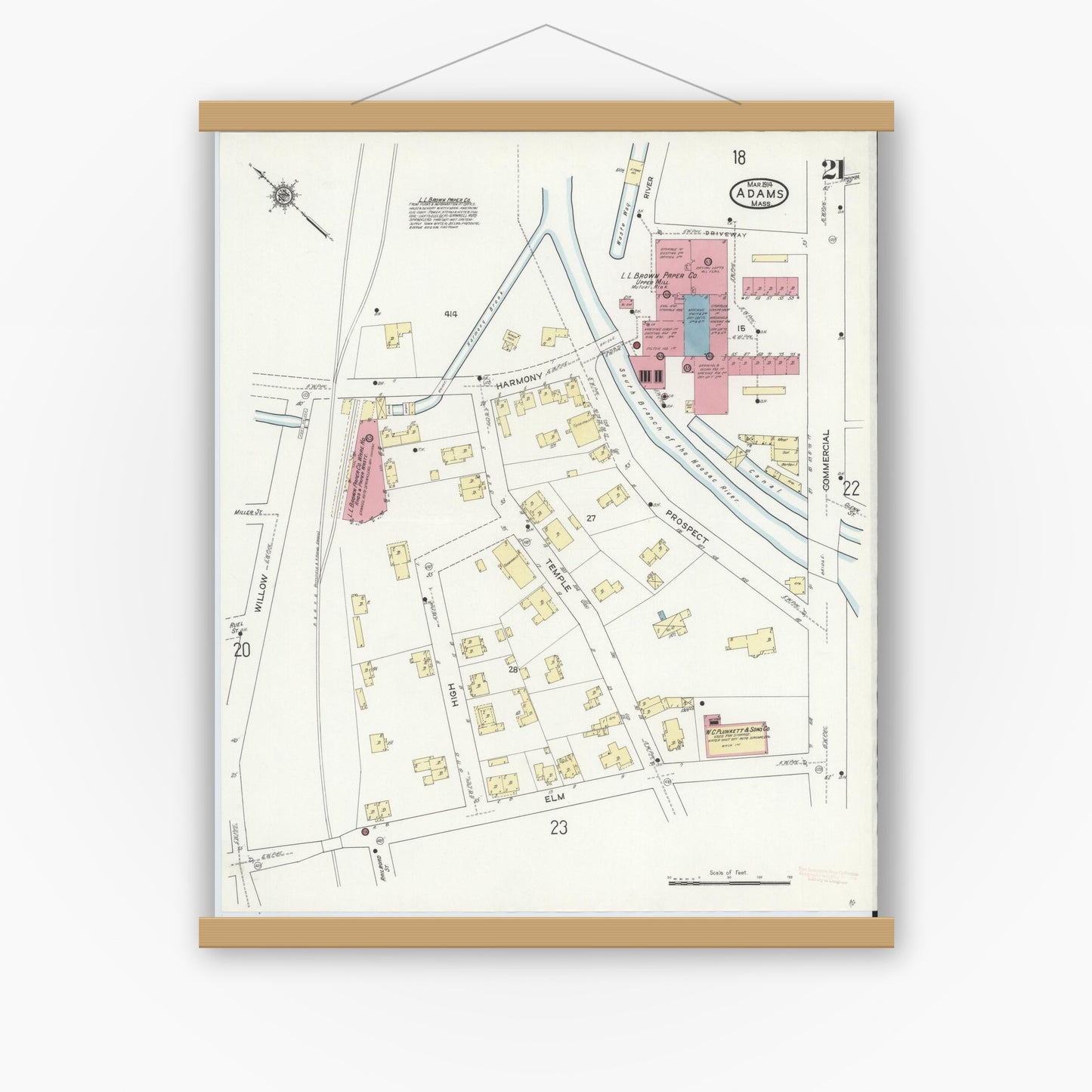 Old map wall art mockup — magnetic wood frame on white wall — Sanborn Fire Insurance Map from Adams, Berkshire County, Massachusetts (1914), Sheet #0021