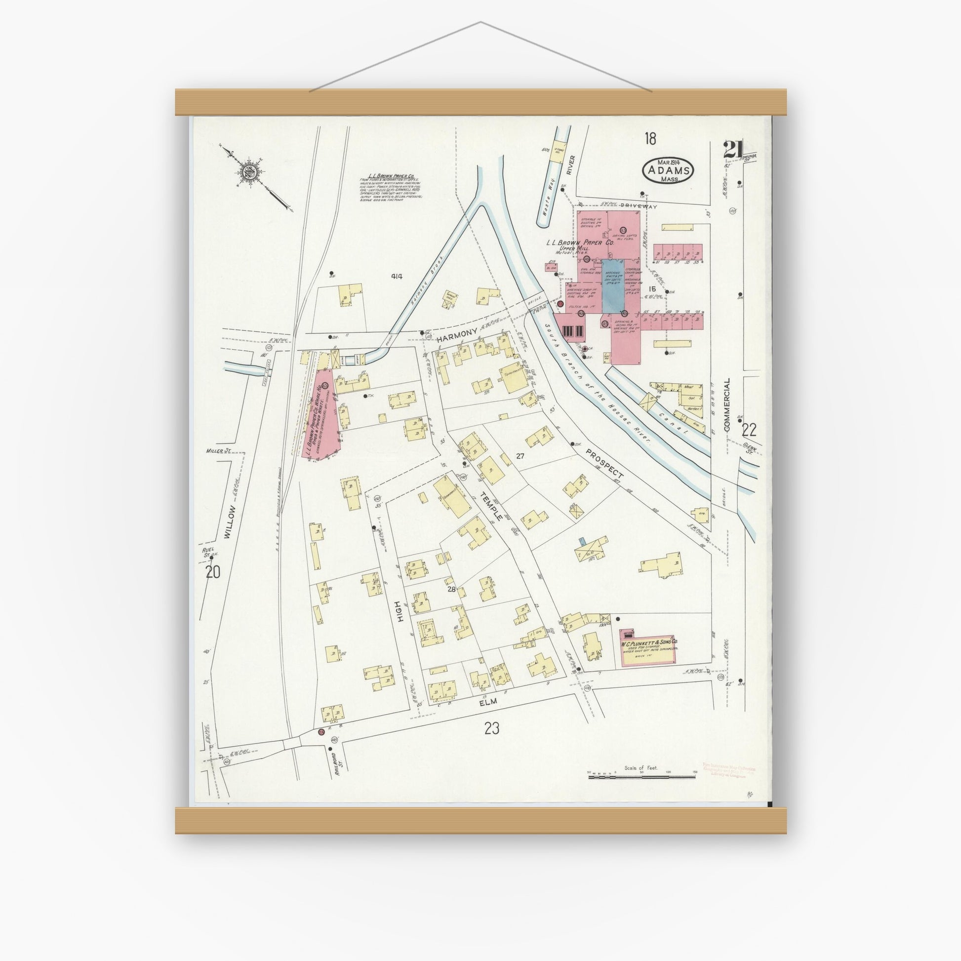 Old map wall art mockup — magnetic wood frame on white wall — Sanborn Fire Insurance Map from Adams, Berkshire County, Massachusetts (1914), Sheet #0021