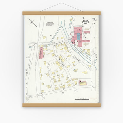 Old map wall art mockup — magnetic wood frame on white wall — Sanborn Fire Insurance Map from Adams, Berkshire County, Massachusetts (1914), Sheet #0021