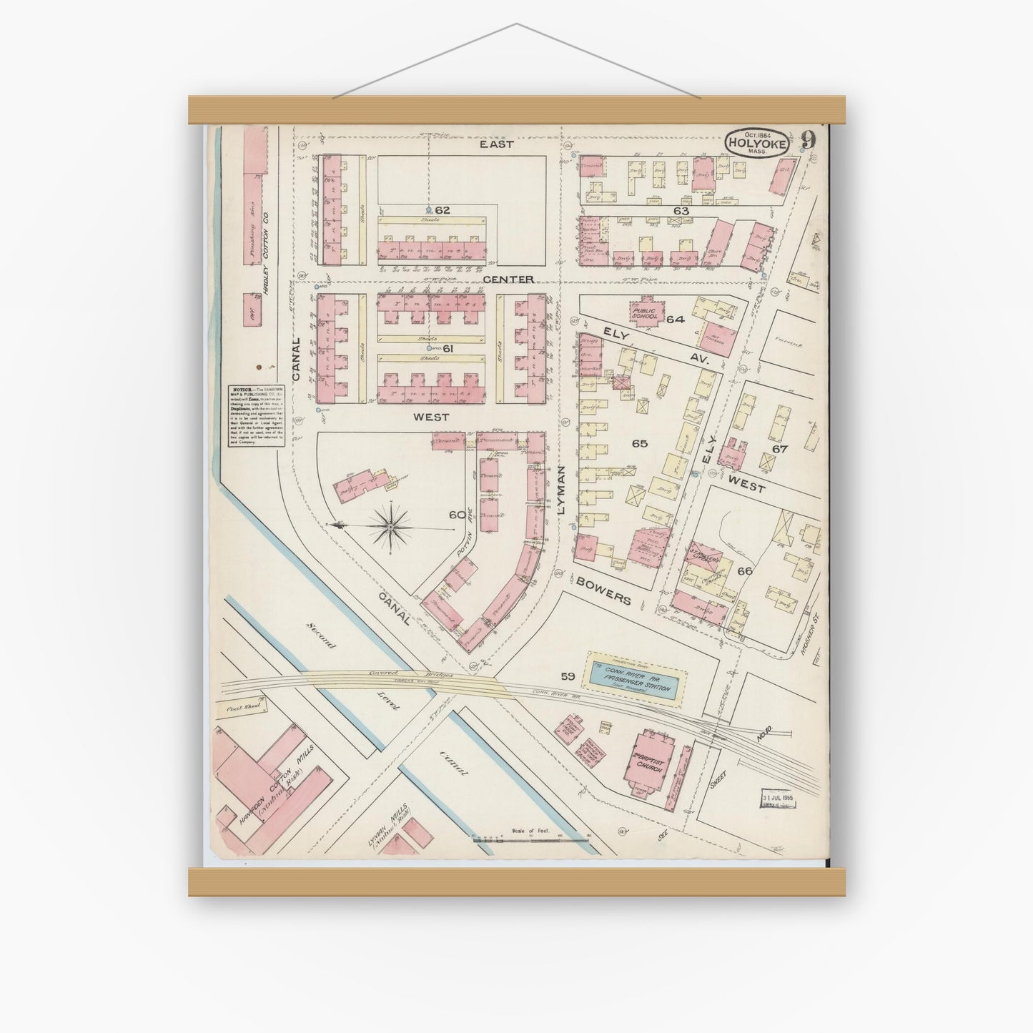 Old map wall art mockup — magnetic wood frame on white wall — Sanborn Fire Insurance Map from Holyoke, Hampden County, Massachusetts (1884), Sheet #0009