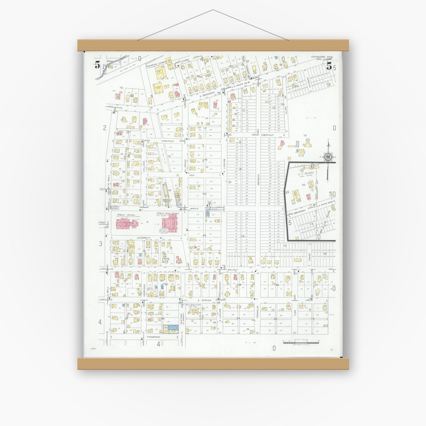 Old map wall art mockup — magnetic wood frame on white wall — Sanborn Fire Insurance Map from Covington, Miami County, Ohio (1946), Sheet #0005