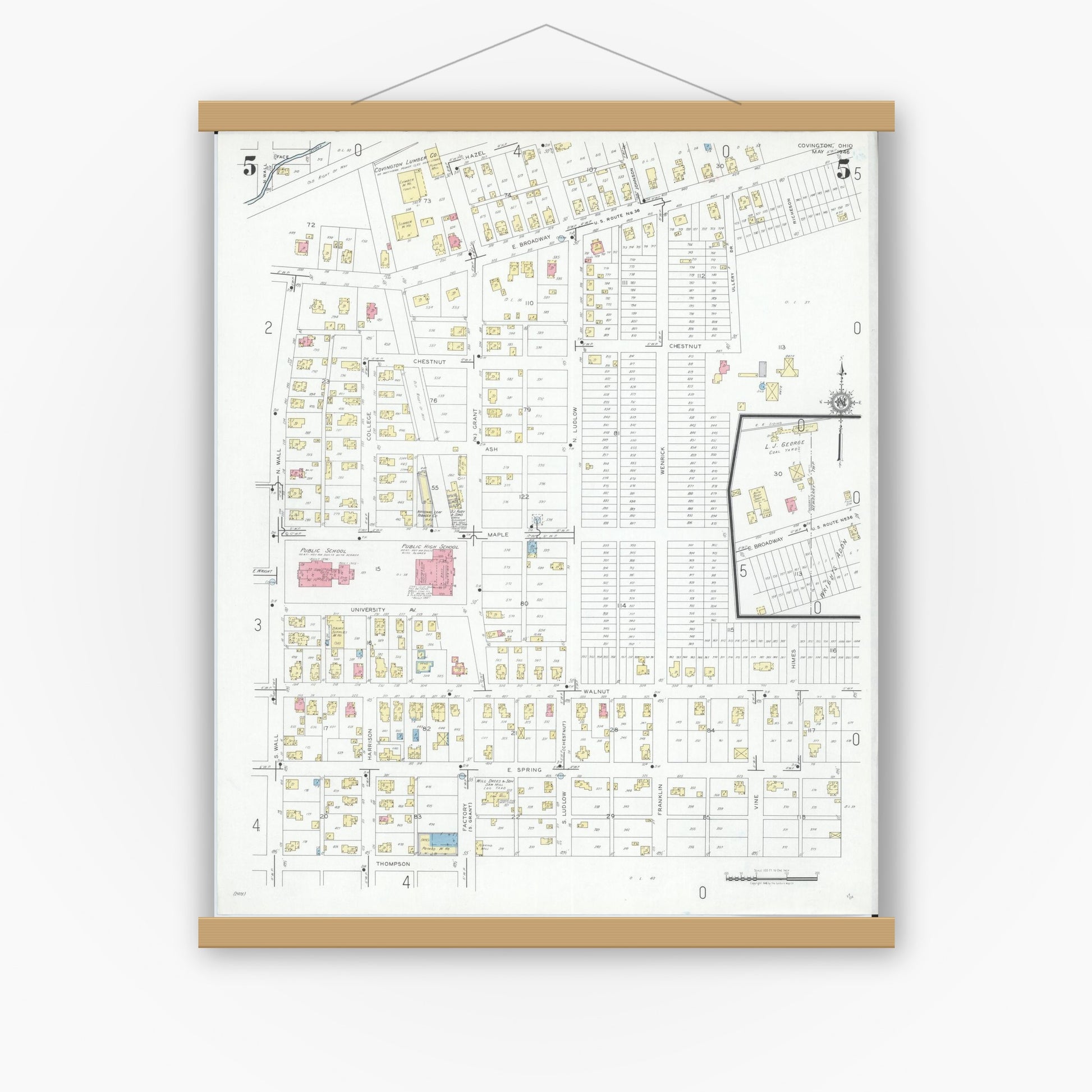 Old map wall art mockup — magnetic wood frame on white wall — Sanborn Fire Insurance Map from Covington, Miami County, Ohio (1946), Sheet #0005