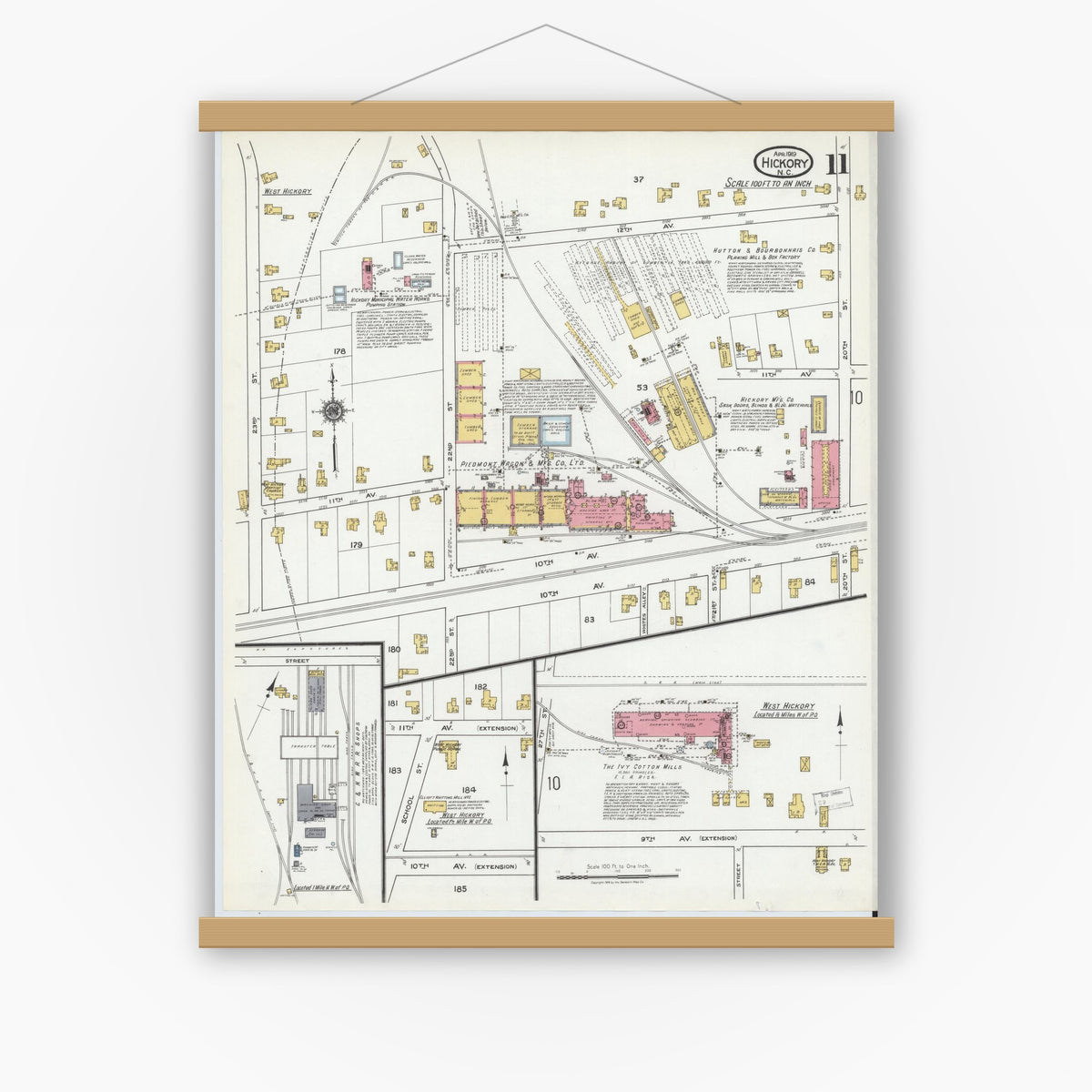 Old map wall art mockup — magnetic wood frame on white wall — Sanborn Fire Insurance Map from Hickory, Catawba County, North Carolina (1919), Sheet #0011