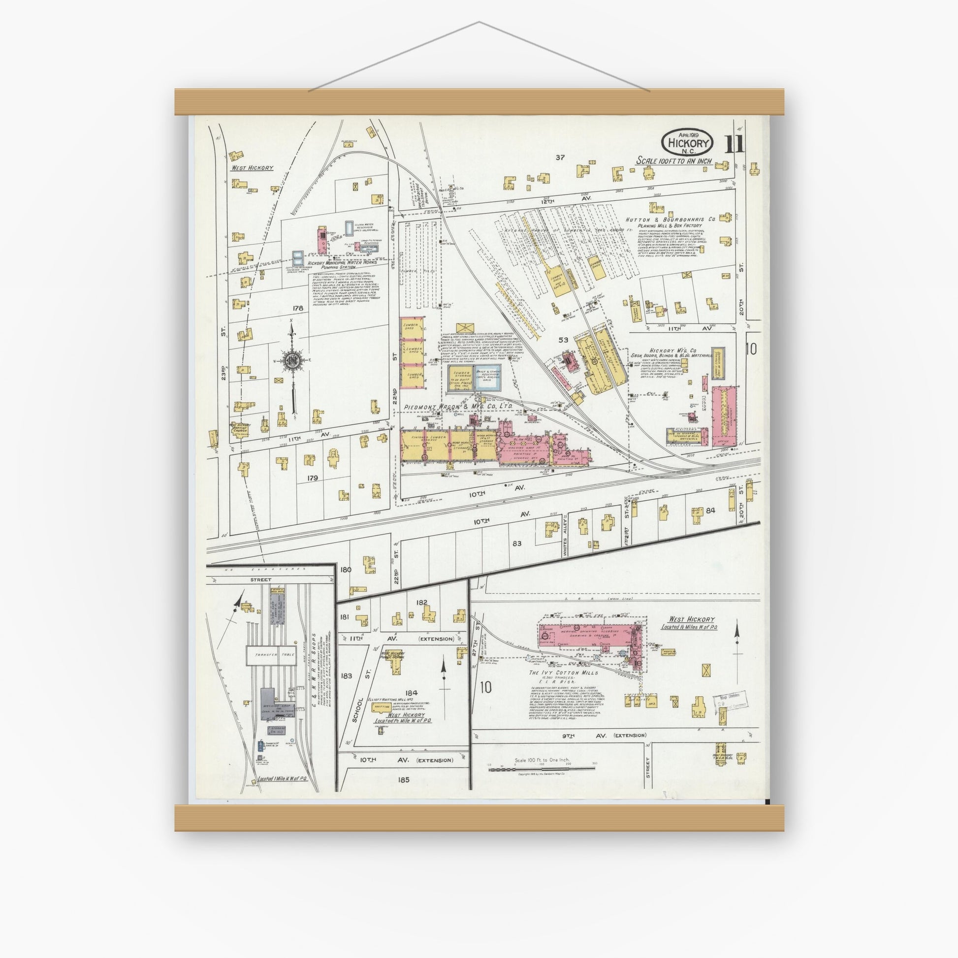 Old map wall art mockup — magnetic wood frame on white wall — Sanborn Fire Insurance Map from Hickory, Catawba County, North Carolina (1919), Sheet #0011