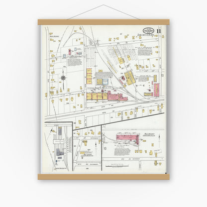 Old map wall art mockup — magnetic wood frame on white wall — Sanborn Fire Insurance Map from Hickory, Catawba County, North Carolina (1919), Sheet #0011