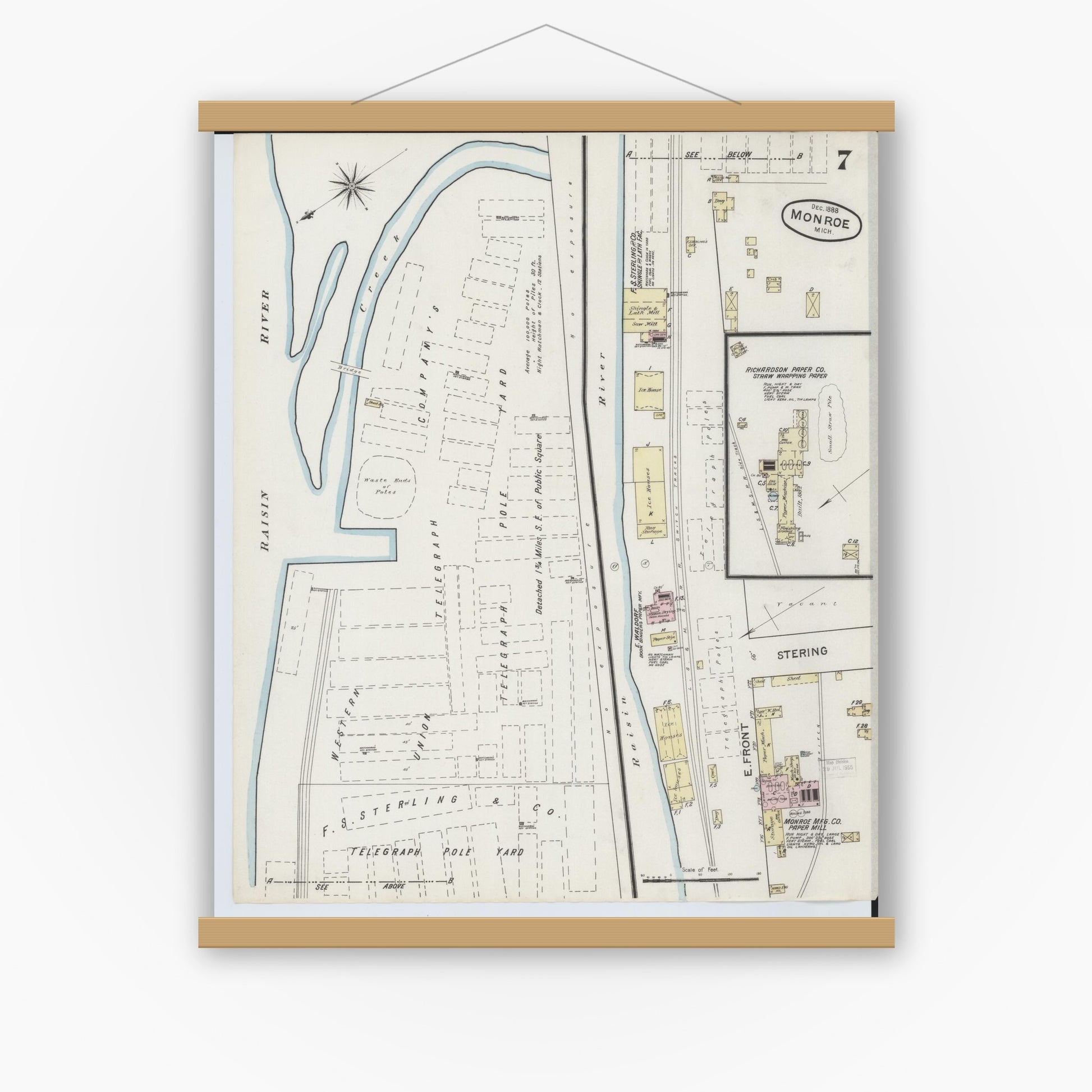 Old map wall art mockup — magnetic wood frame on white wall — Sanborn Fire Insurance Map from Monroe, Monroe County, Michigan (1888), Sheet #0007