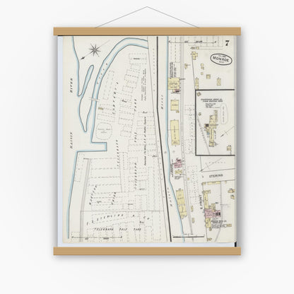 Old map wall art mockup — magnetic wood frame on white wall — Sanborn Fire Insurance Map from Monroe, Monroe County, Michigan (1888), Sheet #0007