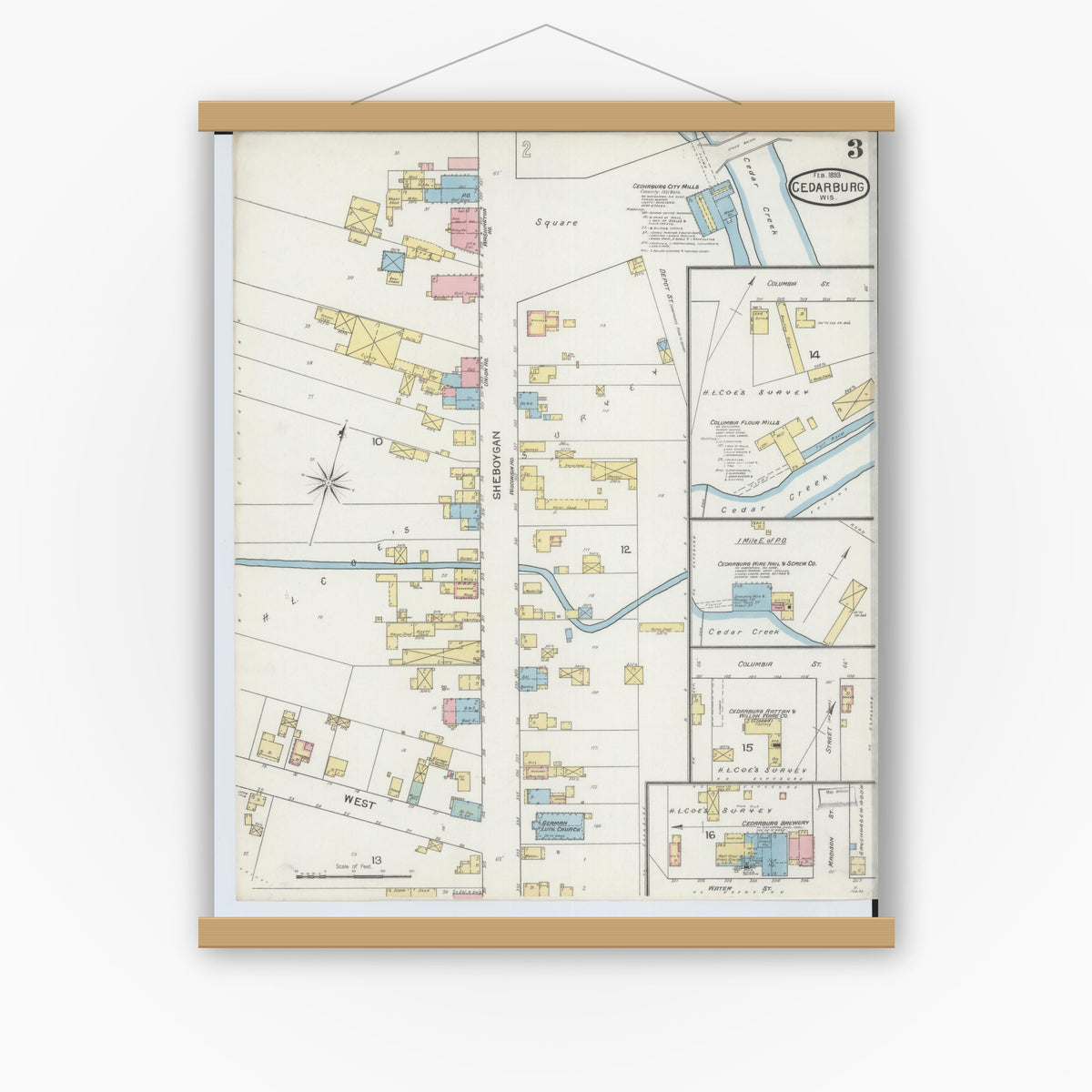 Old map wall art mockup — magnetic wood frame on white wall — Sanborn Fire Insurance Map from Cedarburg, Ozaukee County, Wisconsin (1893), Sheet #0003