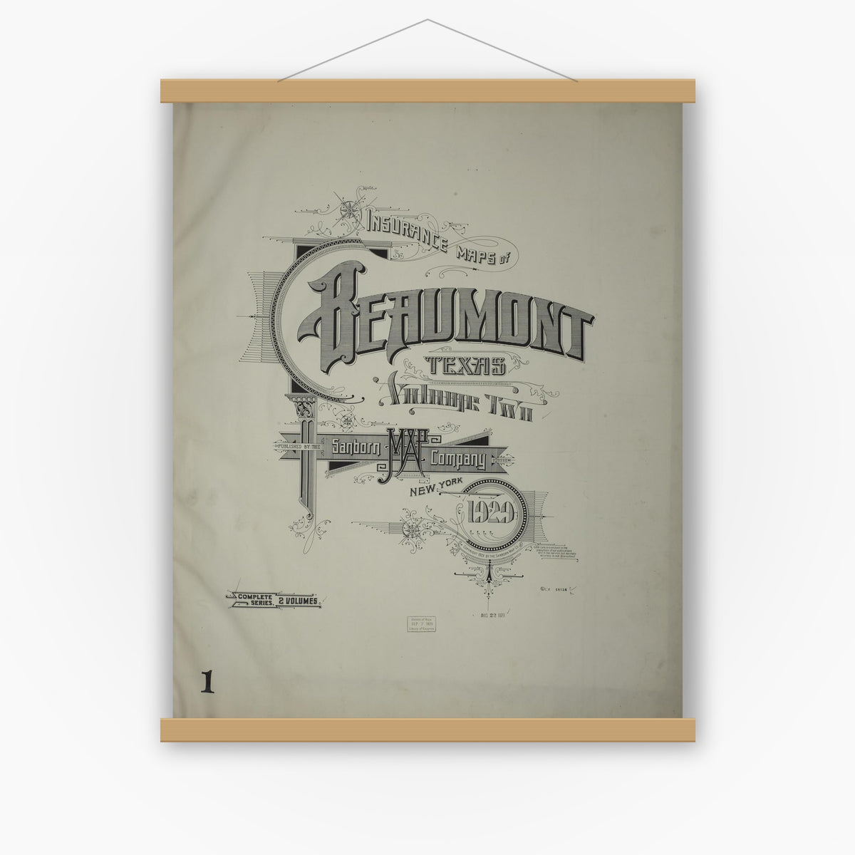 Old map wall art mockup — magnetic wood frame on white wall — Sanborn Fire Insurance Map from Beaumont, Jefferson County, Texas (1929), Sheet #0001