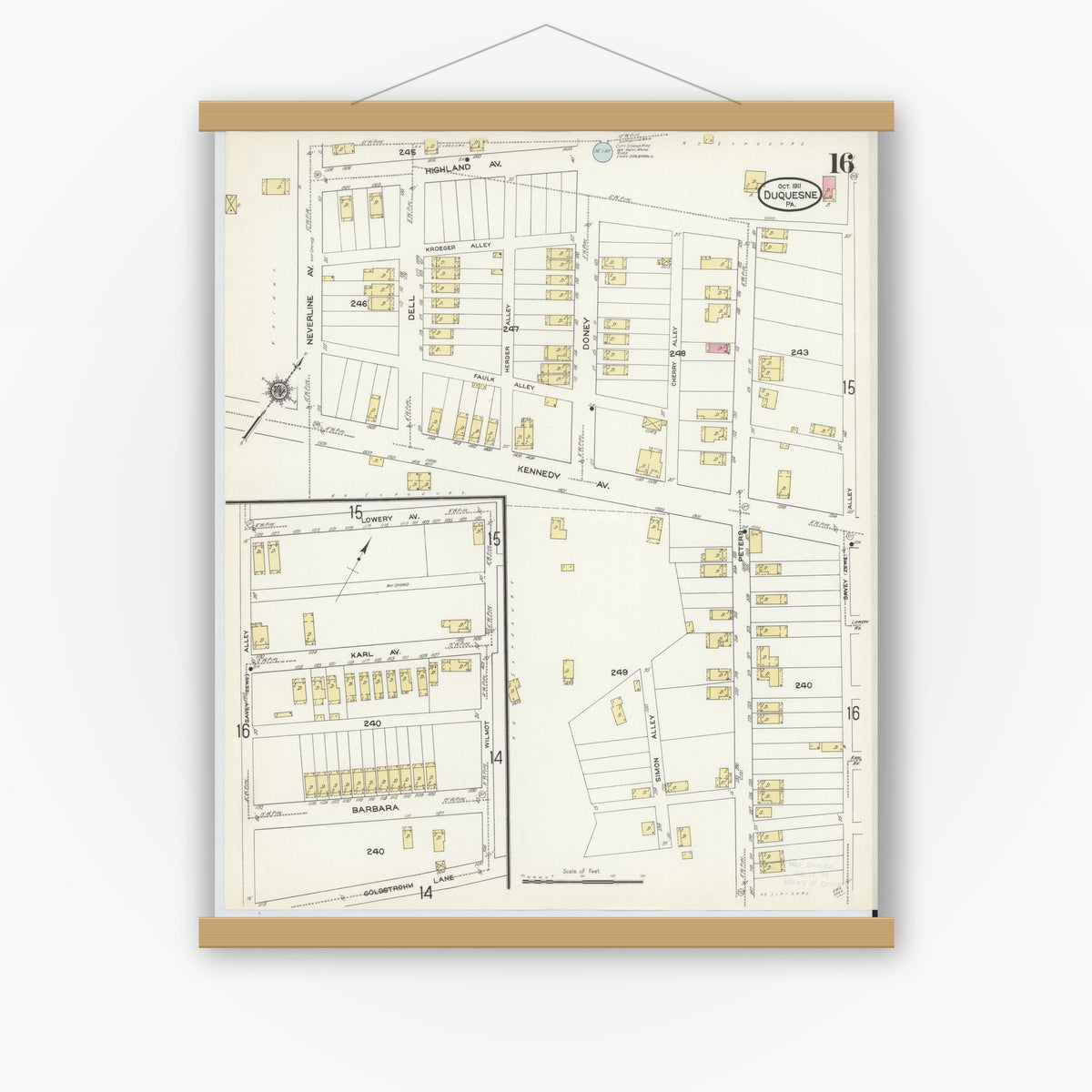 Old map wall art mockup — magnetic wood frame on white wall — Sanborn Fire Insurance Map from Duquesne, Allegheny County, Pennsylvania (1911), Sheet #0016