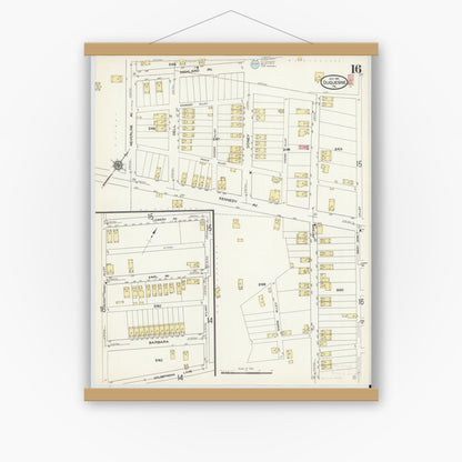 Old map wall art mockup — magnetic wood frame on white wall — Sanborn Fire Insurance Map from Duquesne, Allegheny County, Pennsylvania (1911), Sheet #0016