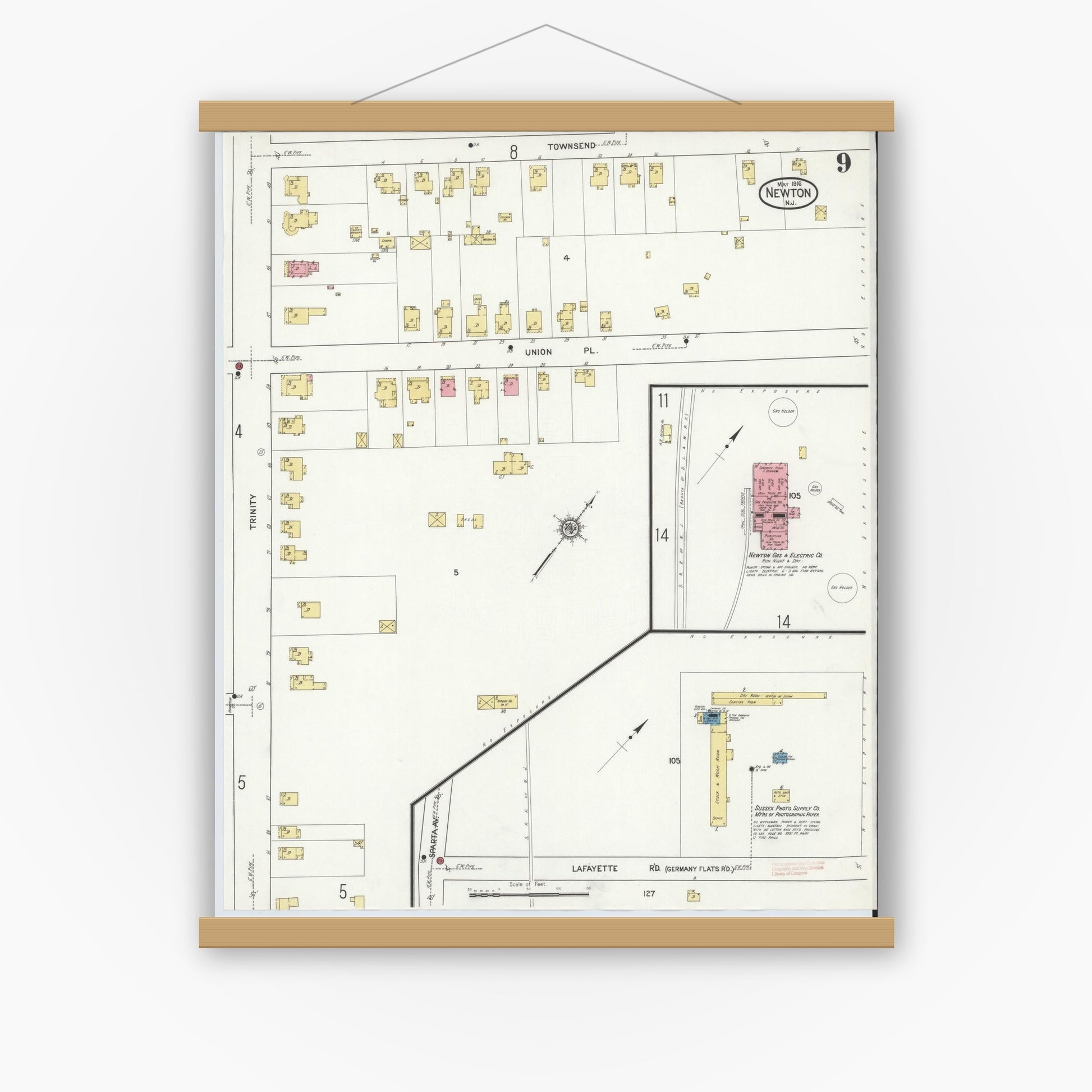 Old map wall art mockup — magnetic wood frame on white wall — Sanborn Fire Insurance Map from Newton, Sussex County, New Jersey (1916), Sheet #0009