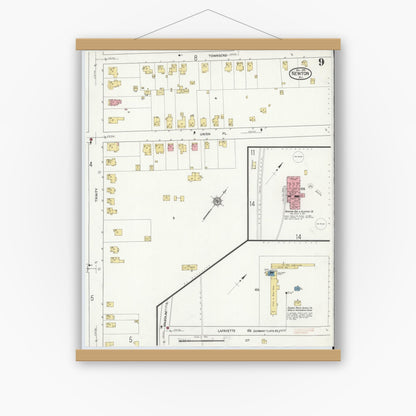 Old map wall art mockup — magnetic wood frame on white wall — Sanborn Fire Insurance Map from Newton, Sussex County, New Jersey (1916), Sheet #0009