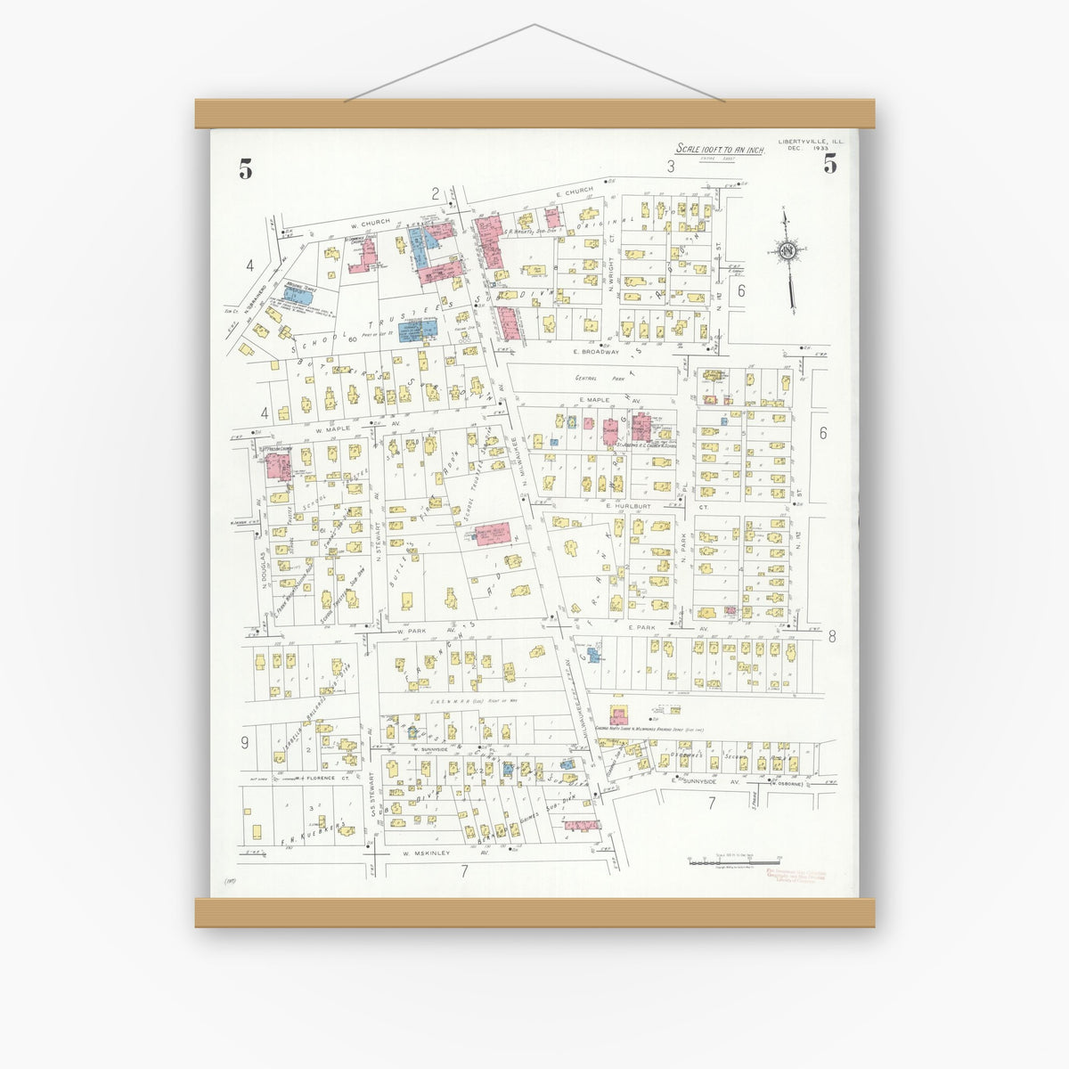 Old map wall art mockup — magnetic wood frame on white wall — Sanborn Fire Insurance Map from Libertyville, Lake County, Illinois (1933), Sheet #0005