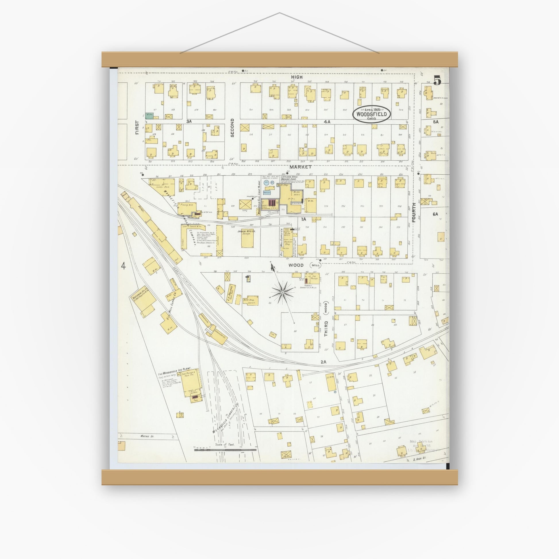 Old map wall art mockup — magnetic wood frame on white wall — Sanborn Fire Insurance Map from Woodsfield, Monroe County, Ohio (1905), Sheet #0005