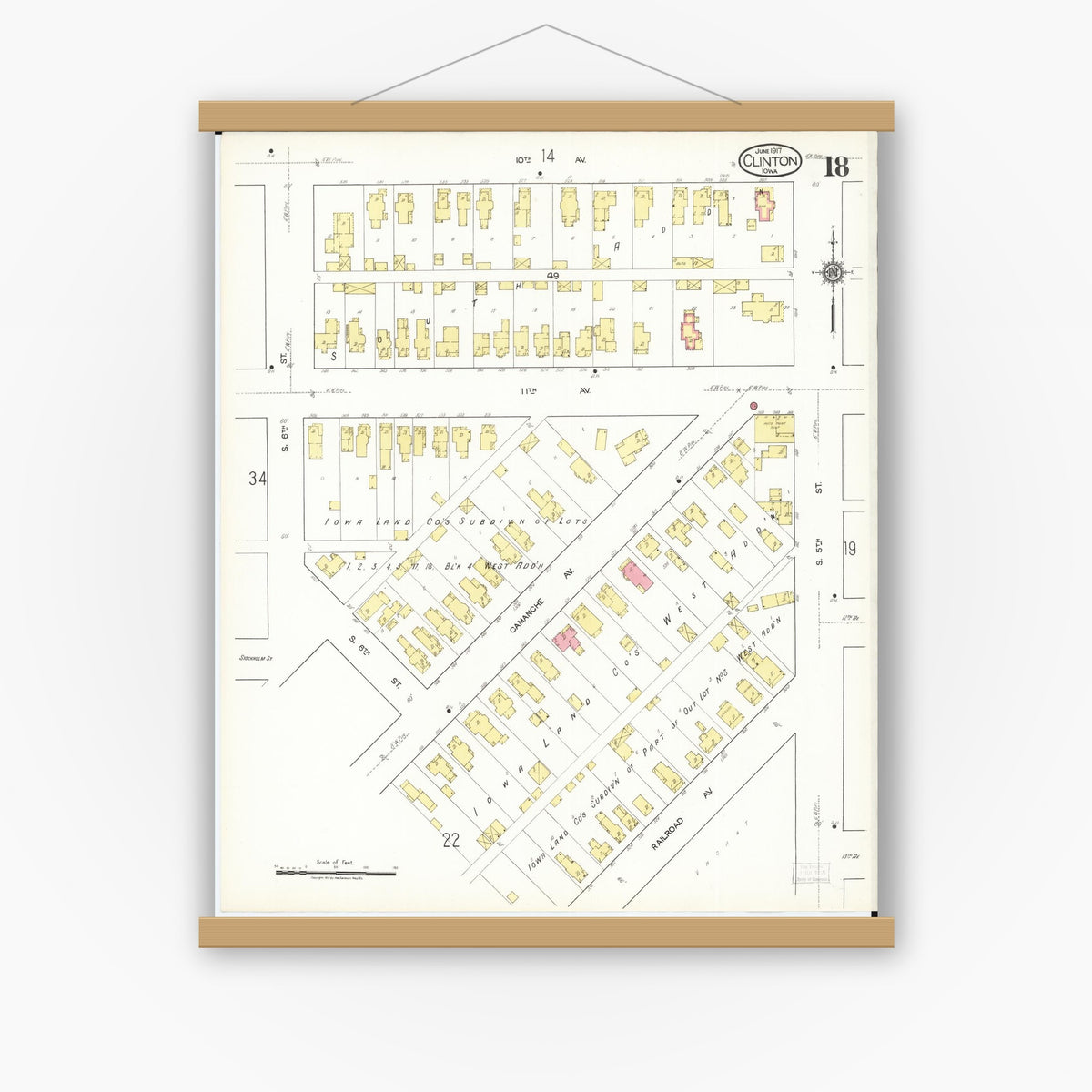 Old map wall art mockup — magnetic wood frame on white wall — Sanborn Fire Insurance Map from Clinton, Clinton County, Iowa (1917), Sheet #0018