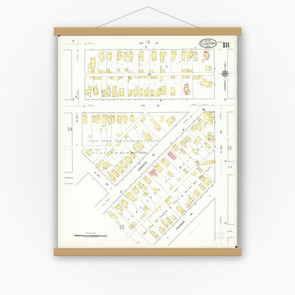 Old map wall art mockup — magnetic wood frame on white wall — Sanborn Fire Insurance Map from Clinton, Clinton County, Iowa (1917), Sheet #0018