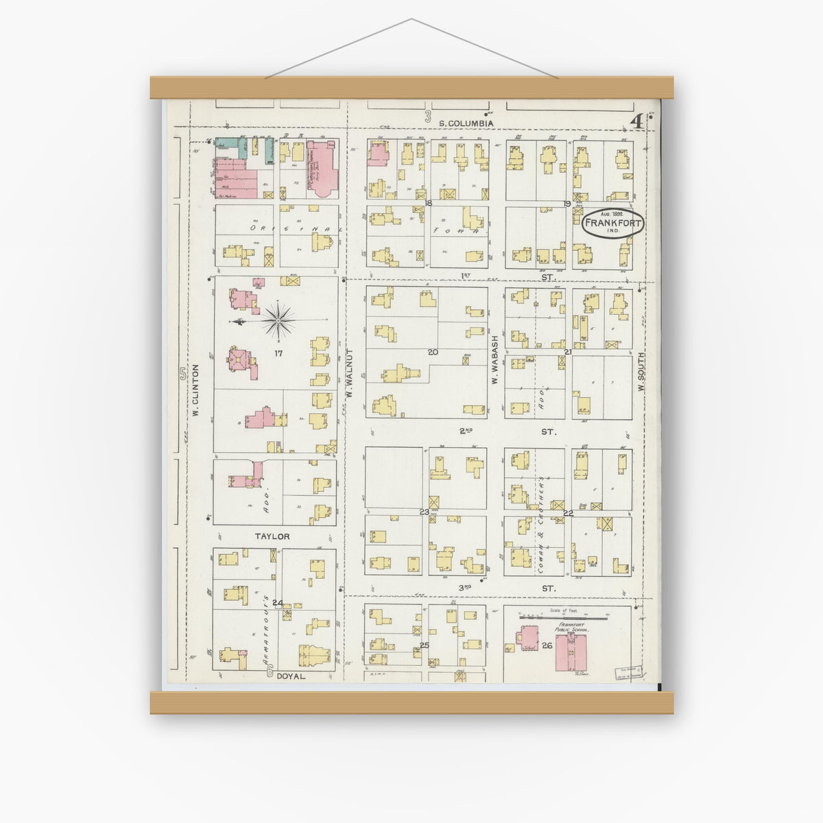 Old map wall art mockup — magnetic wood frame on white wall — Sanborn Fire Insurance Map from Frankfort, Clinton County, Indiana (1892), Sheet #0004