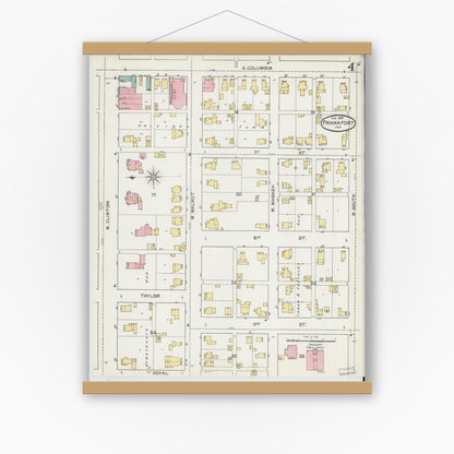 Old map wall art mockup — magnetic wood frame on white wall — Sanborn Fire Insurance Map from Frankfort, Clinton County, Indiana (1892), Sheet #0004