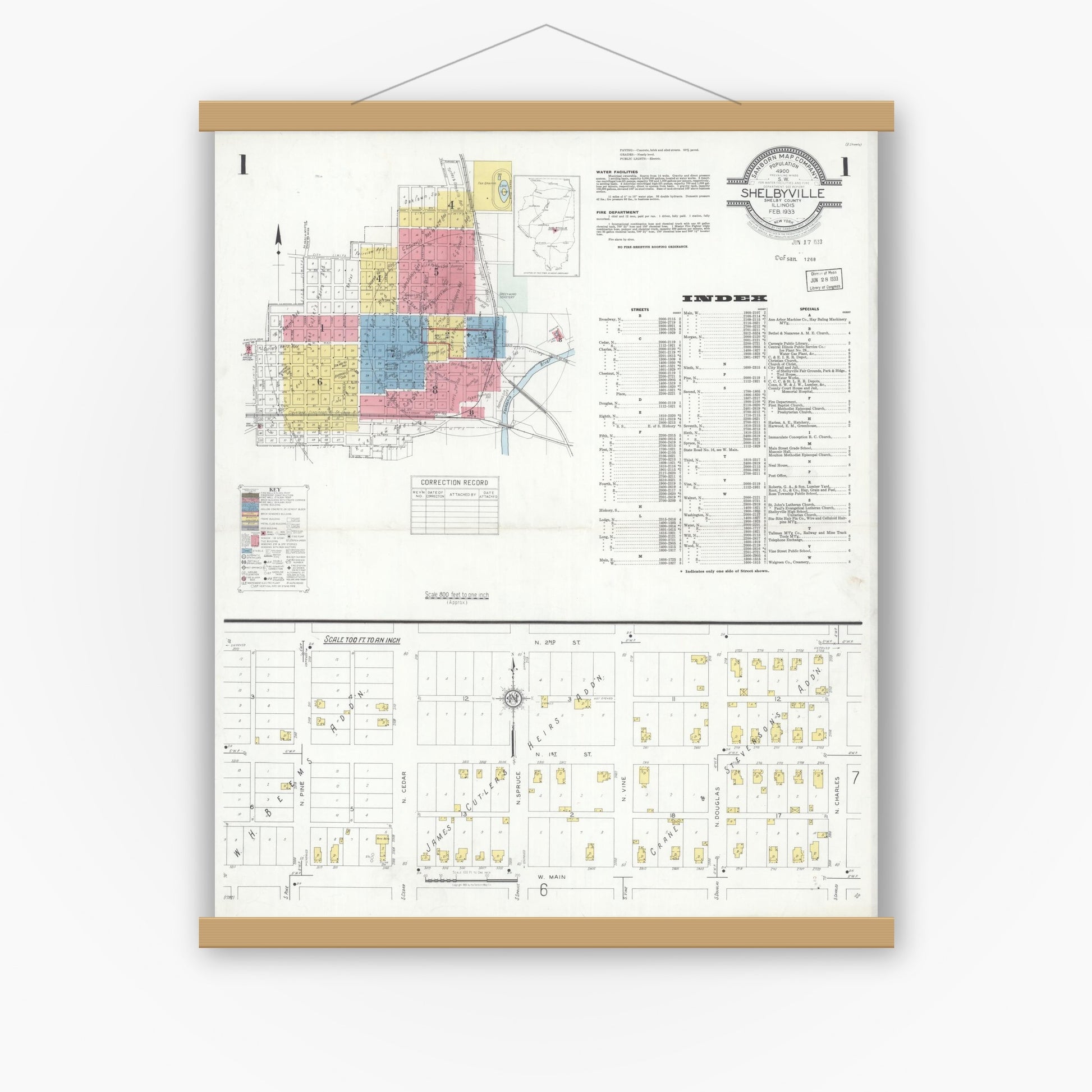Old map wall art mockup — magnetic wood frame on white wall — Sanborn Fire Insurance Map from Shelbyville, Shelby County, Illinois (1933) - Complete Map Set