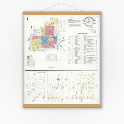 Old map wall art mockup — magnetic wood frame on white wall — Sanborn Fire Insurance Map from Shelbyville, Shelby County, Illinois (1933) - Complete Map Set