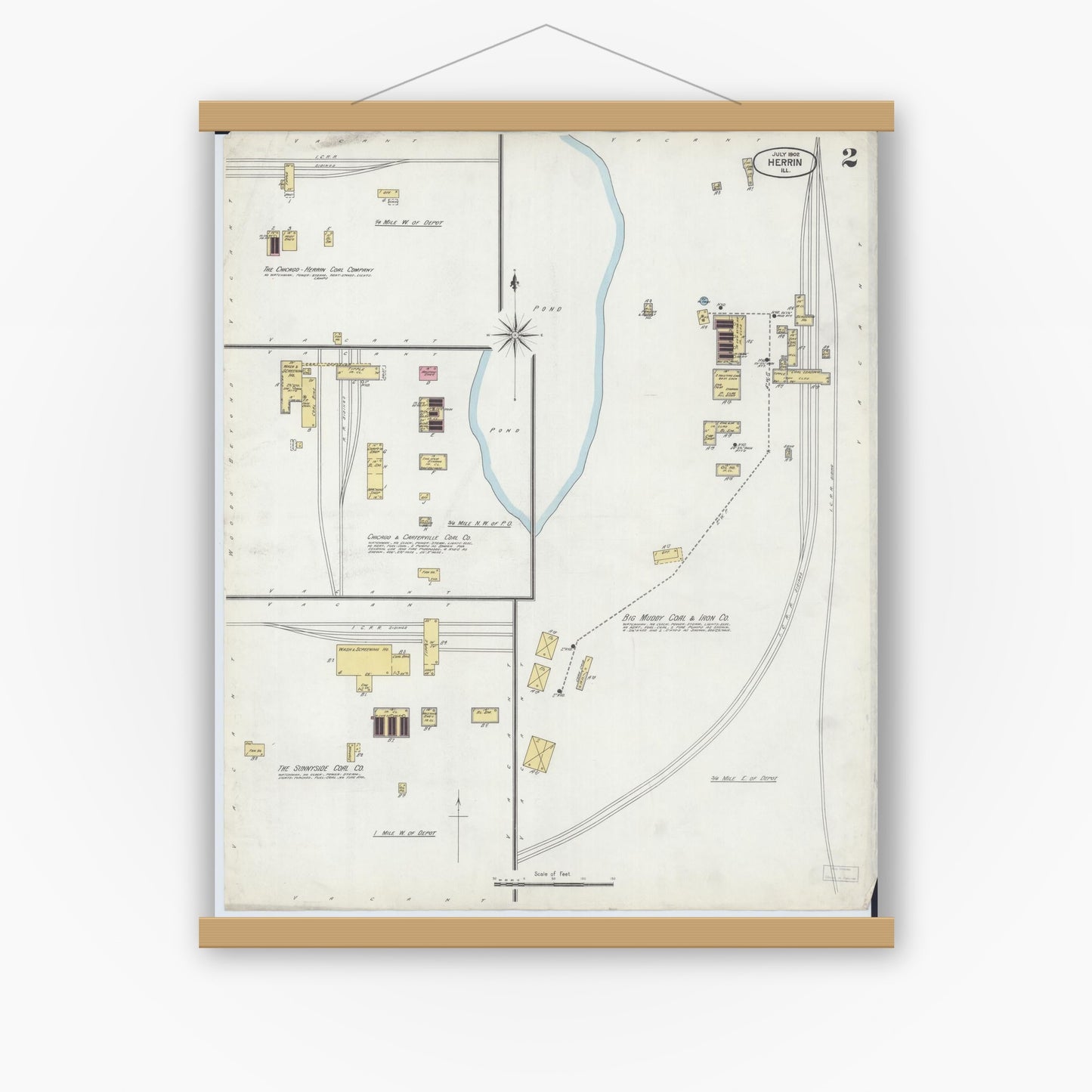 Old map wall art mockup — magnetic wood frame on white wall — Sanborn Fire Insurance Map from Herrin, Williamson County, Illinois (1902), Sheet #0002