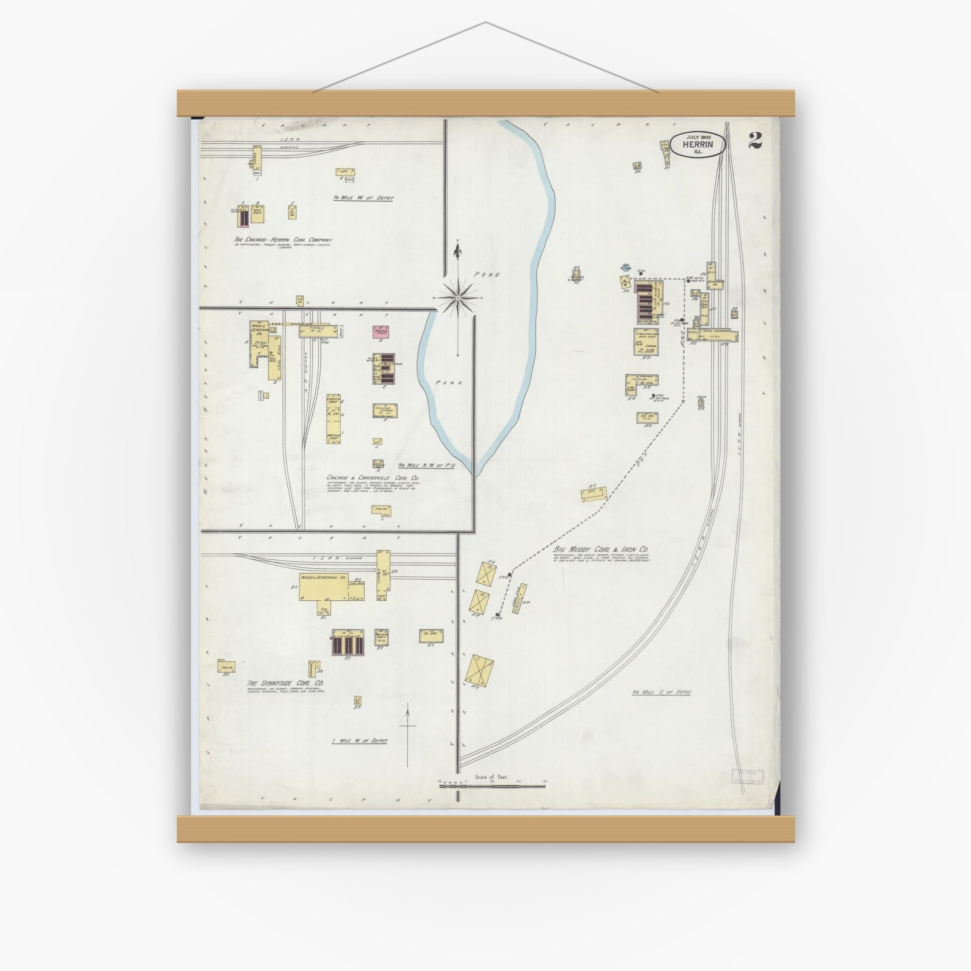 Old map wall art mockup — magnetic wood frame on white wall — Sanborn Fire Insurance Map from Herrin, Williamson County, Illinois (1902), Sheet #0002