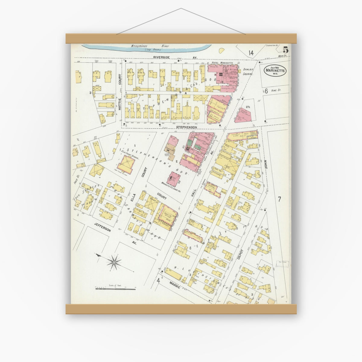 Old map wall art mockup — magnetic wood frame on white wall — Sanborn Fire Insurance Map from Marinette, Marinette County, Wisconsin (1901), Sheet #0005