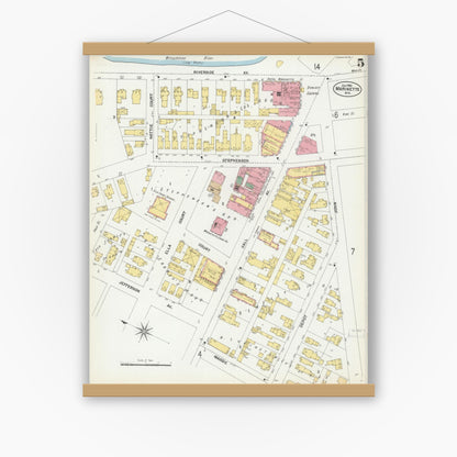 Old map wall art mockup — magnetic wood frame on white wall — Sanborn Fire Insurance Map from Marinette, Marinette County, Wisconsin (1901), Sheet #0005