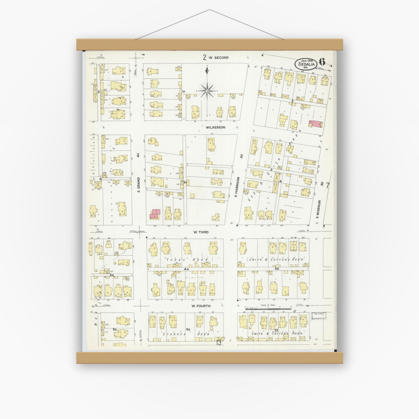 Old map wall art mockup — magnetic wood frame on white wall — Sanborn Fire Insurance Map from Sedalia, Pettis County, Missouri (1908), Sheet #0006