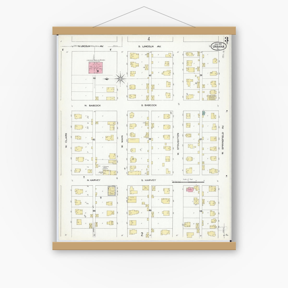 Old map wall art mockup — magnetic wood frame on white wall — Sanborn Fire Insurance Map from Urbana, Champaign County, Illinois (1909), Sheet #0003