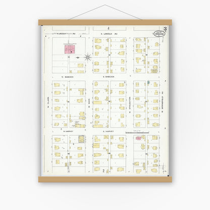 Old map wall art mockup — magnetic wood frame on white wall — Sanborn Fire Insurance Map from Urbana, Champaign County, Illinois (1909), Sheet #0003
