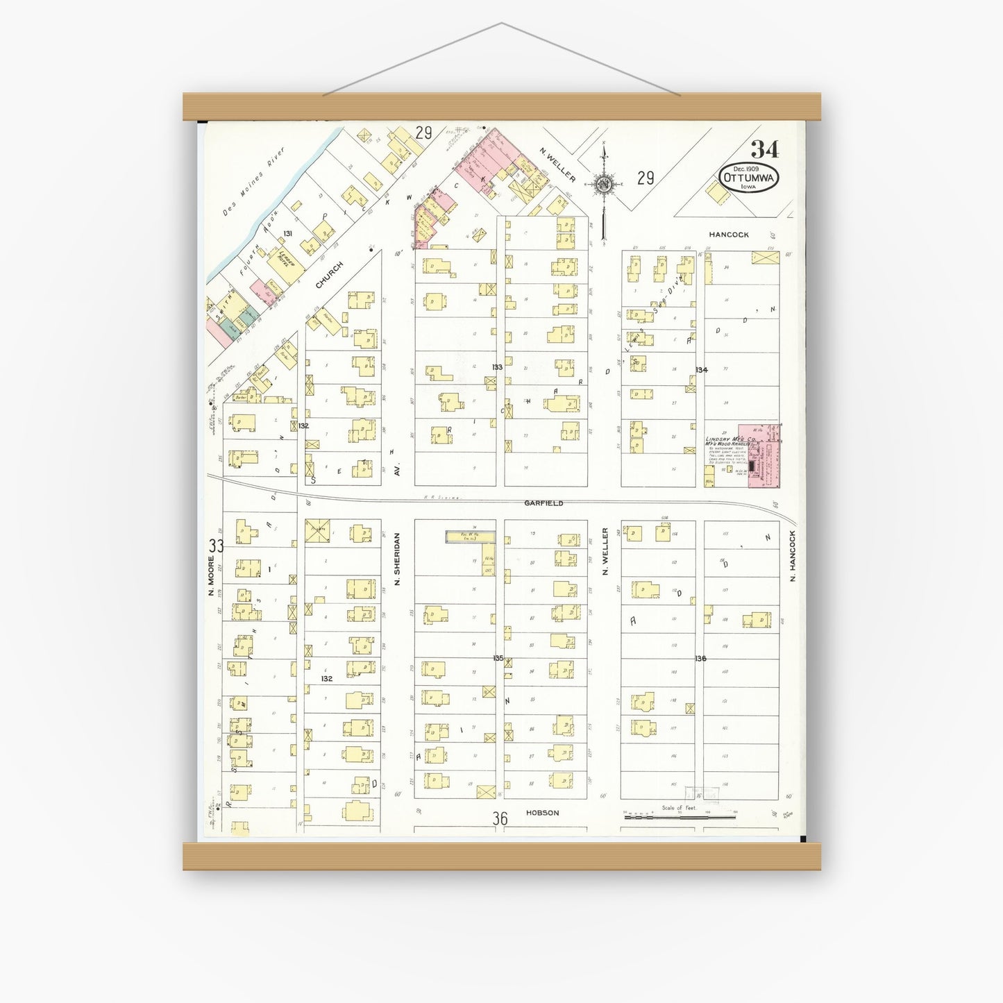 Old map wall art mockup — magnetic wood frame on white wall — Sanborn Fire Insurance Map from Ottumwa, Wapello County, Iowa (1909), Sheet #0034