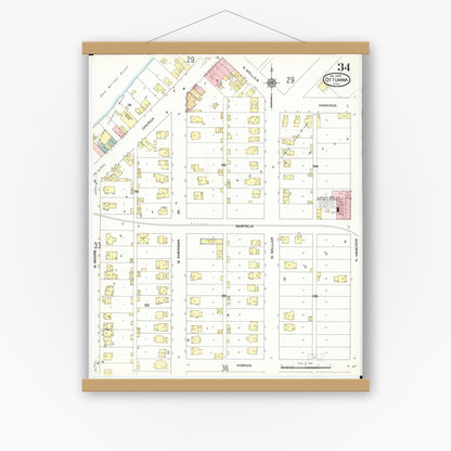 Old map wall art mockup — magnetic wood frame on white wall — Sanborn Fire Insurance Map from Ottumwa, Wapello County, Iowa (1909), Sheet #0034