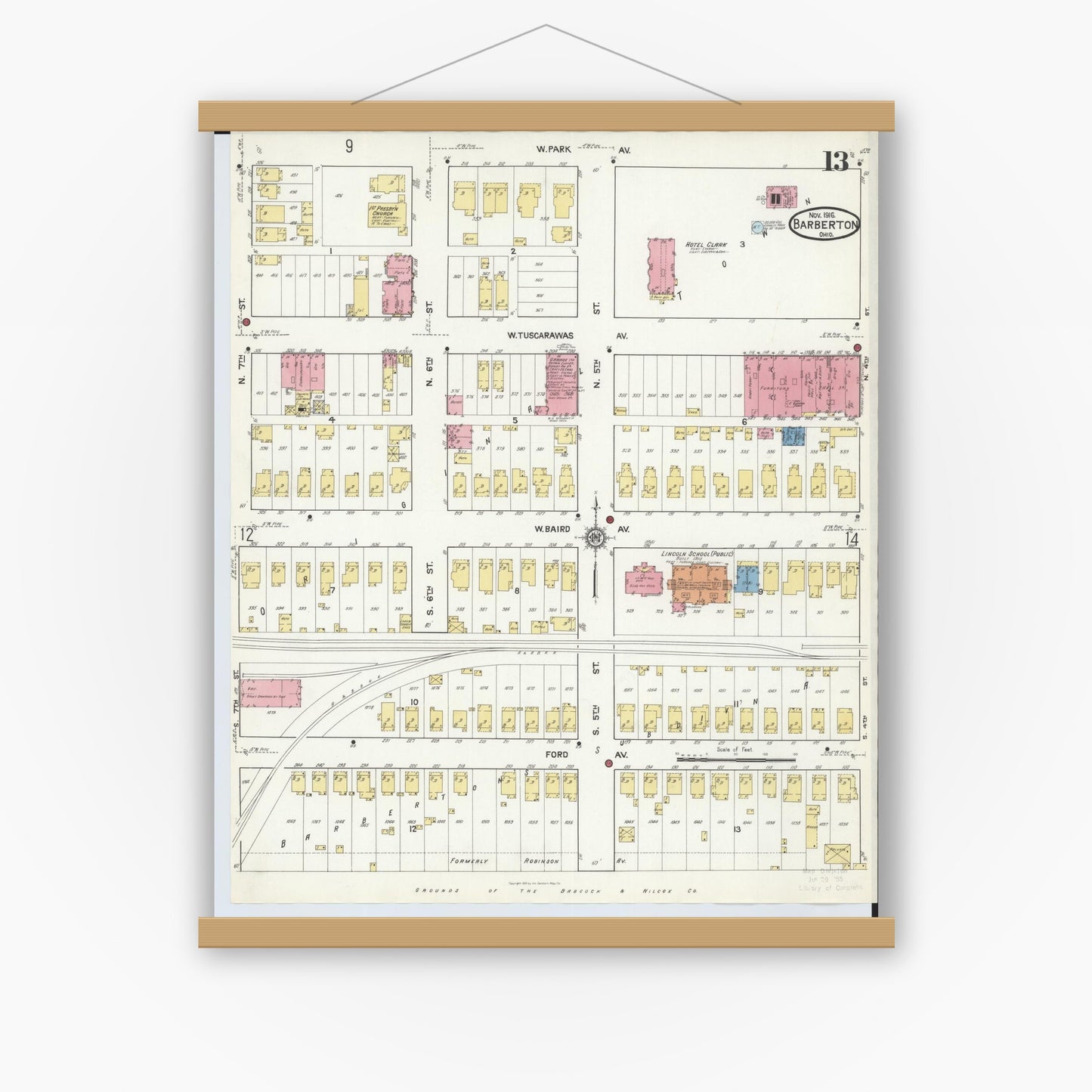 Old map wall art mockup — magnetic wood frame on white wall — Sanborn Fire Insurance Map from Barberton, Summit County, Ohio (1916), Sheet #0013