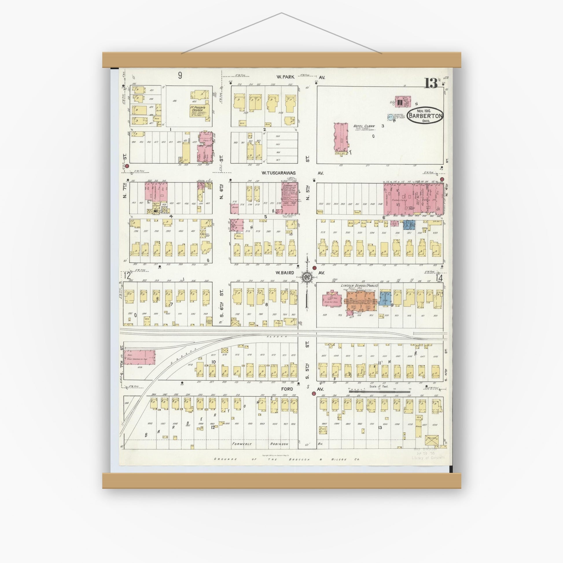 Old map wall art mockup — magnetic wood frame on white wall — Sanborn Fire Insurance Map from Barberton, Summit County, Ohio (1916), Sheet #0013