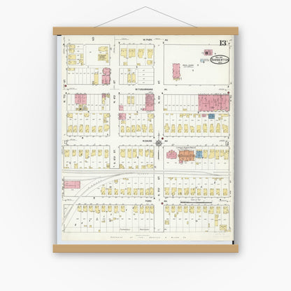 Old map wall art mockup — magnetic wood frame on white wall — Sanborn Fire Insurance Map from Barberton, Summit County, Ohio (1916), Sheet #0013