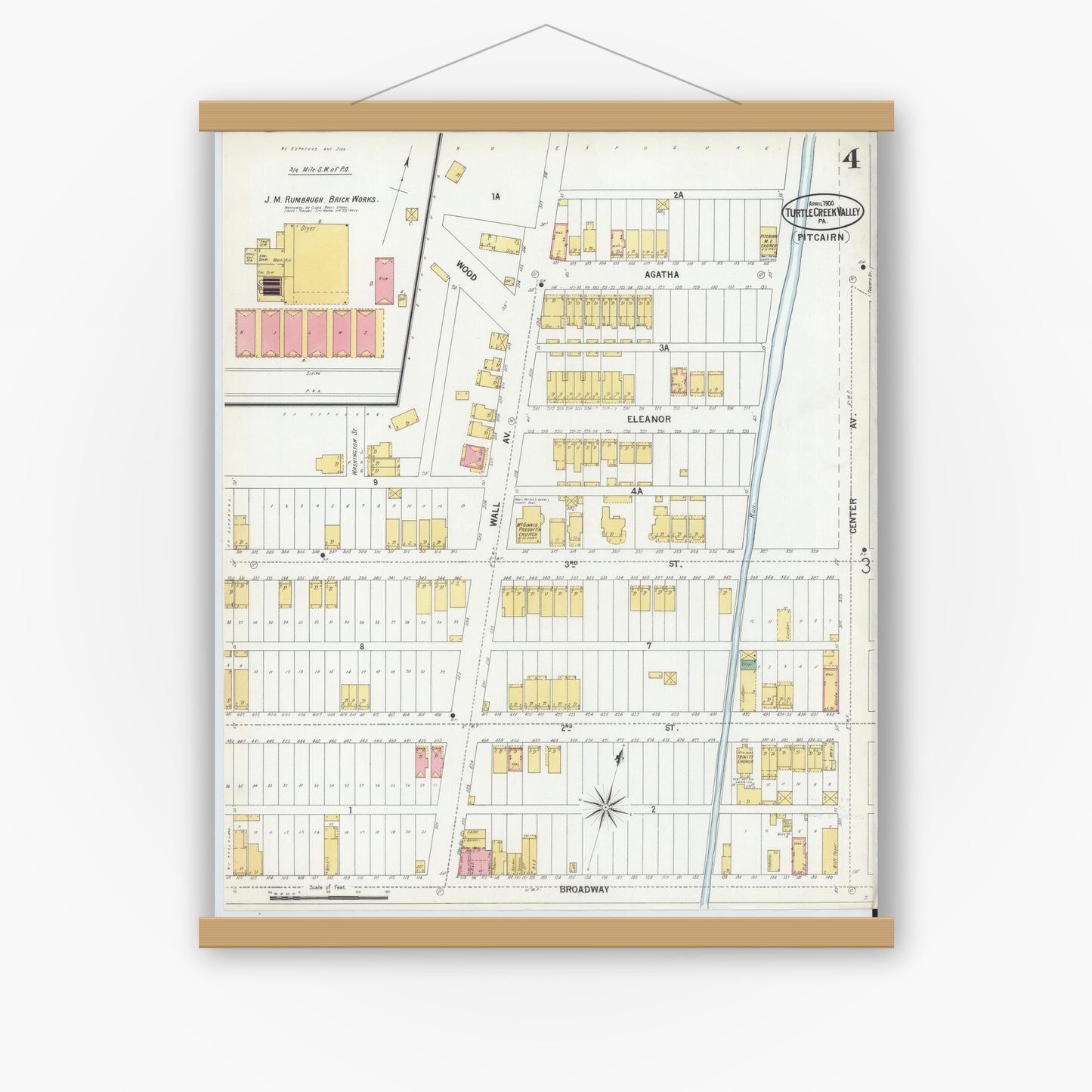 Old map wall art mockup — magnetic wood frame on white wall — Sanborn Fire Insurance Map from Turtle Creek Valley, Allegheny County, Pennsylvania (1900), Sheet #0004