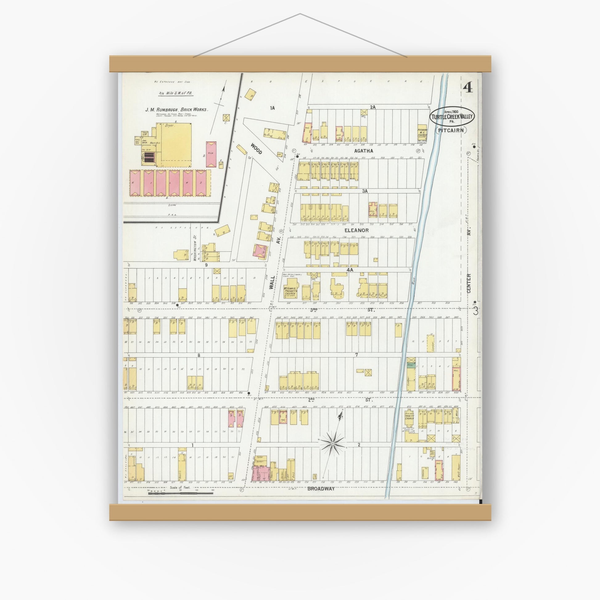 Old map wall art mockup — magnetic wood frame on white wall — Sanborn Fire Insurance Map from Turtle Creek Valley, Allegheny County, Pennsylvania (1900), Sheet #0004