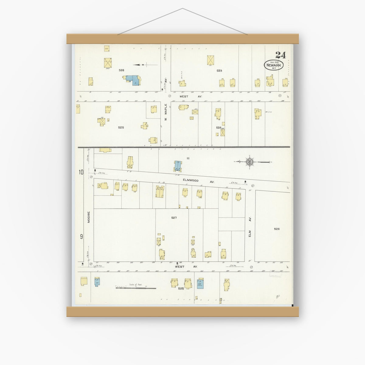 Old map wall art mockup — magnetic wood frame on white wall — Sanborn Fire Insurance Map from Newark, Wayne County, New York (1912), Sheet #0024