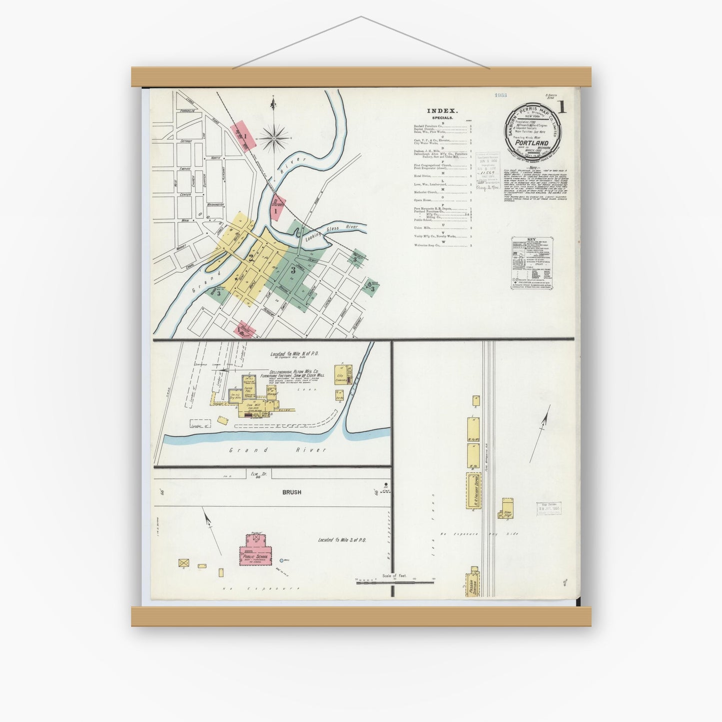 Old map wall art mockup — magnetic wood frame on white wall — Sanborn Fire Insurance Map from Portland, Ionia County, Michigan (1900) - Complete Map Set