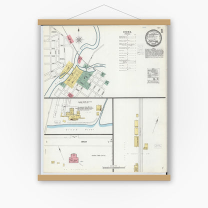 Old map wall art mockup — magnetic wood frame on white wall — Sanborn Fire Insurance Map from Portland, Ionia County, Michigan (1900) - Complete Map Set