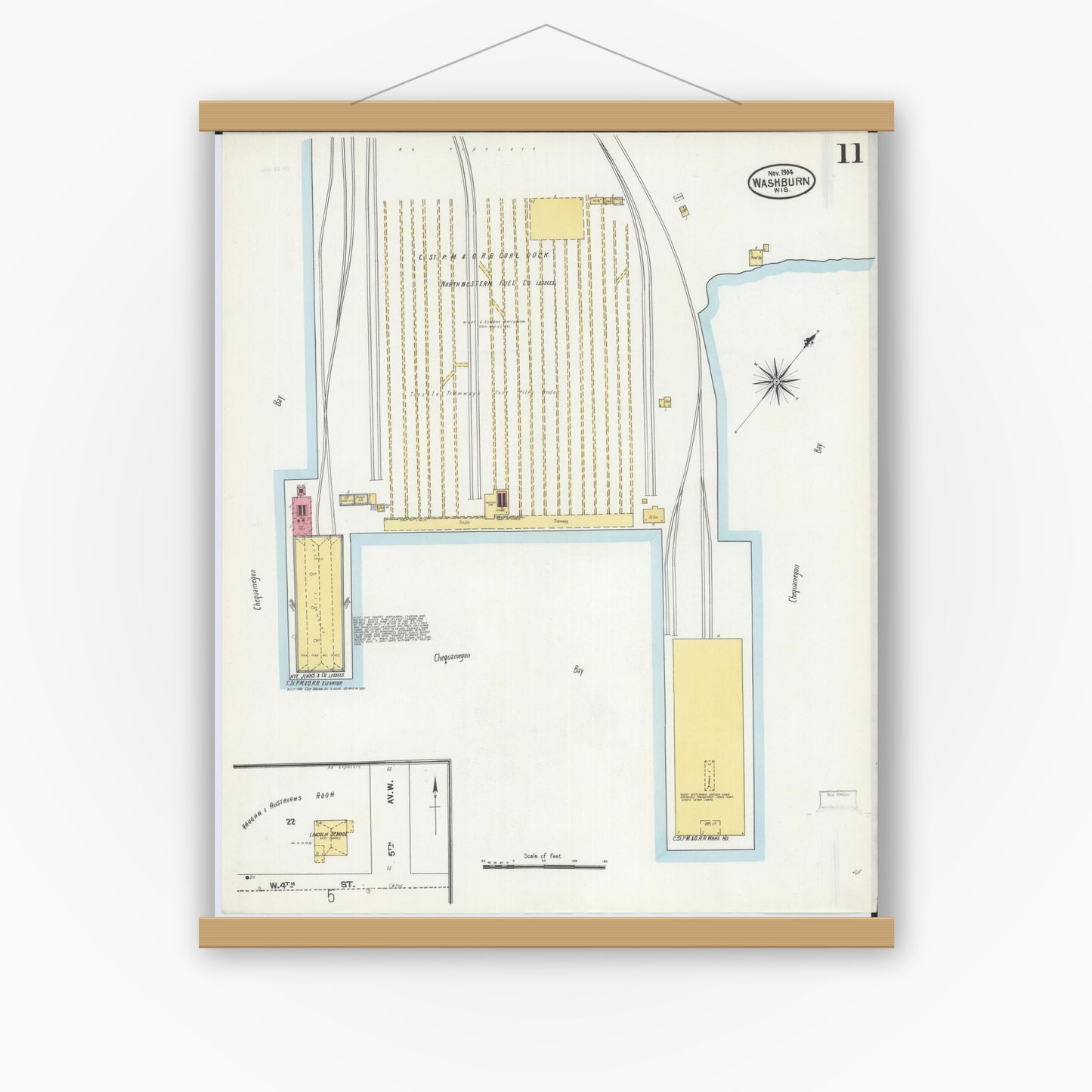 Old map wall art mockup — magnetic wood frame on white wall — Sanborn Fire Insurance Map from Washburn, Bayfield County, Wisconsin (1904), Sheet #0011