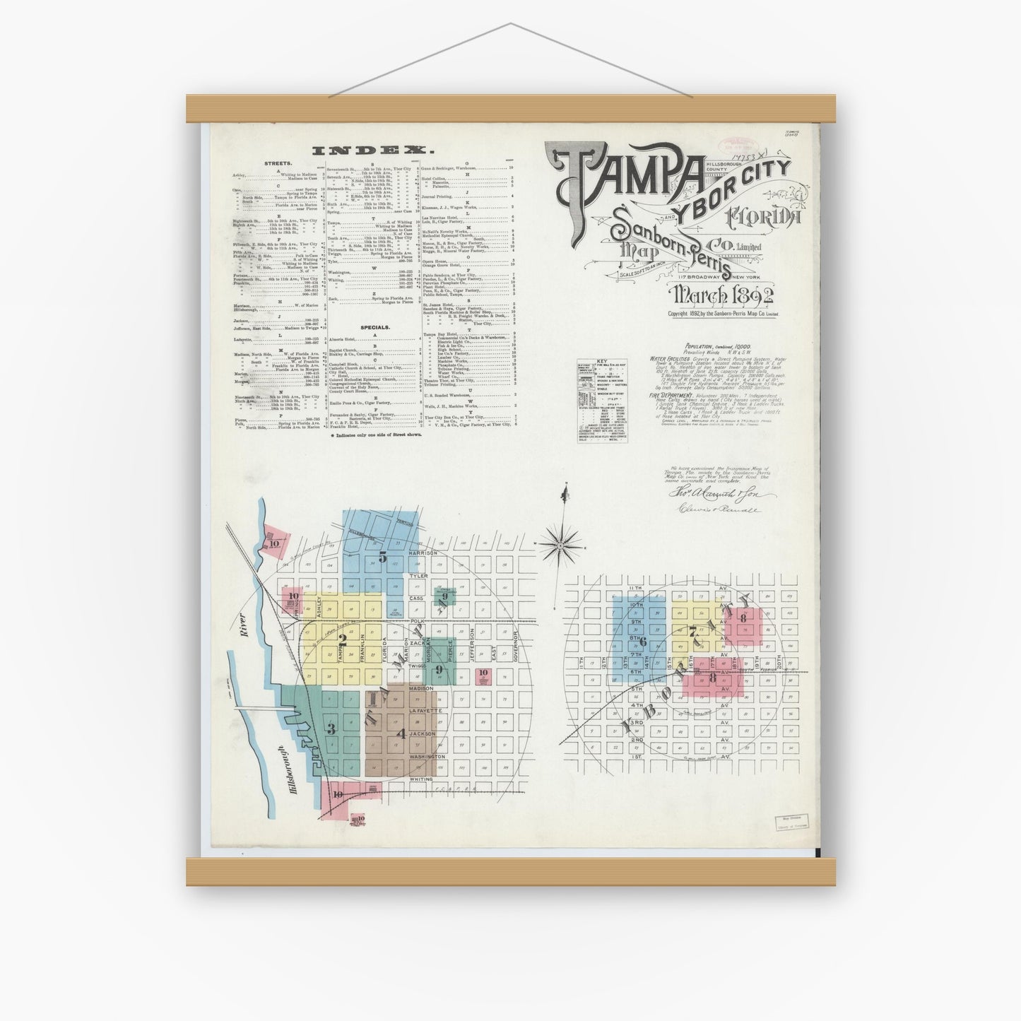 Old map wall art mockup — magnetic wood frame on white wall — Sanborn Fire Insurance Map from Tampa, Hillsborough County, Florida (1892) - Complete Map Set