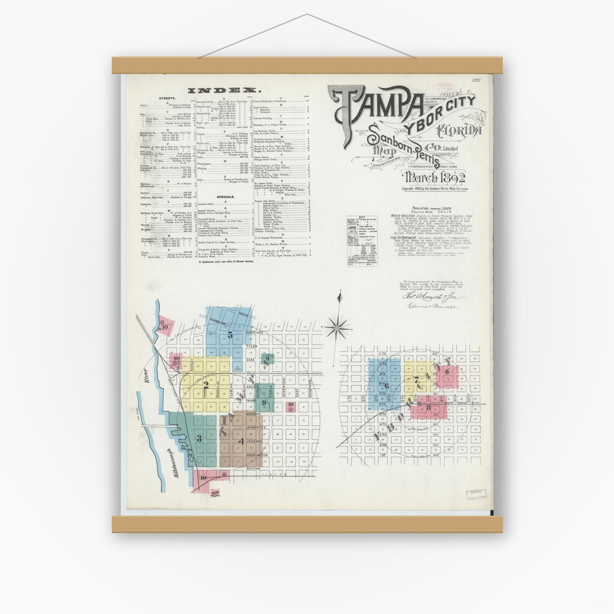 Old map wall art mockup — magnetic wood frame on white wall — Sanborn Fire Insurance Map from Tampa, Hillsborough County, Florida (1892) - Complete Map Set