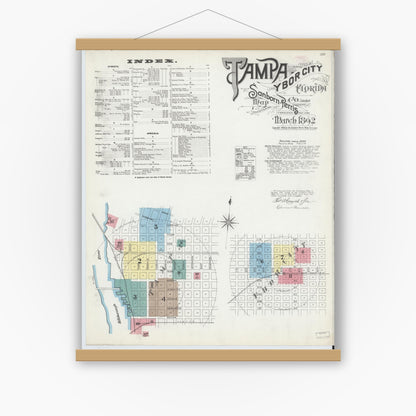 Old map wall art mockup — magnetic wood frame on white wall — Sanborn Fire Insurance Map from Tampa, Hillsborough County, Florida (1892) - Complete Map Set
